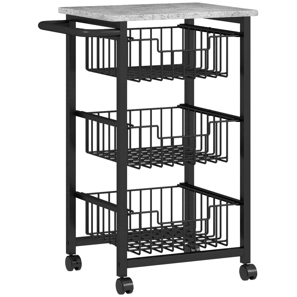 Chariot de rangement à 4 niveaux, desserte à roulettes, 3 paniers coulissants et plateau, 49,5x31x69cm, gris clair noir