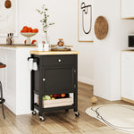 Carrello da cucina con ruote, carrello di servizio, piano di lavoro in legno di gomma, cassetto, 63,5 x 40 x 90 cm, nero