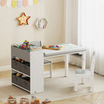 Conjunto de mesa y 2 sillas infantiles de madera con rollo de papel, estantes y cajones, para niño y niña de 3 a 8 años, gris