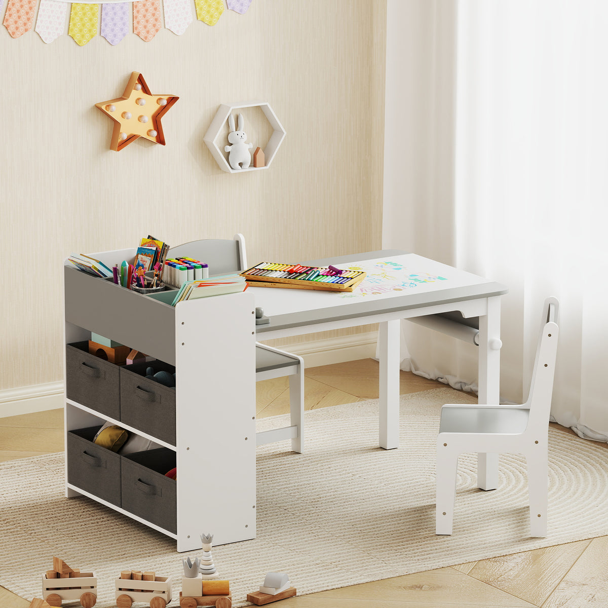 Conjunto de mesa y 2 sillas infantiles de madera con rollo de papel, estantes y cajones, para niño y niña de 3 a 8 años, gris