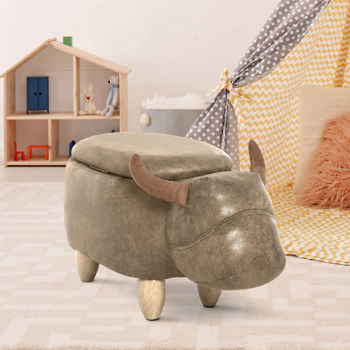 Tabouret Vache - Pouf Vachette - Pouf Taureau Coffre de Rangement 2 en 1 - Pieds Bois d'hévéa revêtement synthétique Aspect Daim Vieilli Marron
