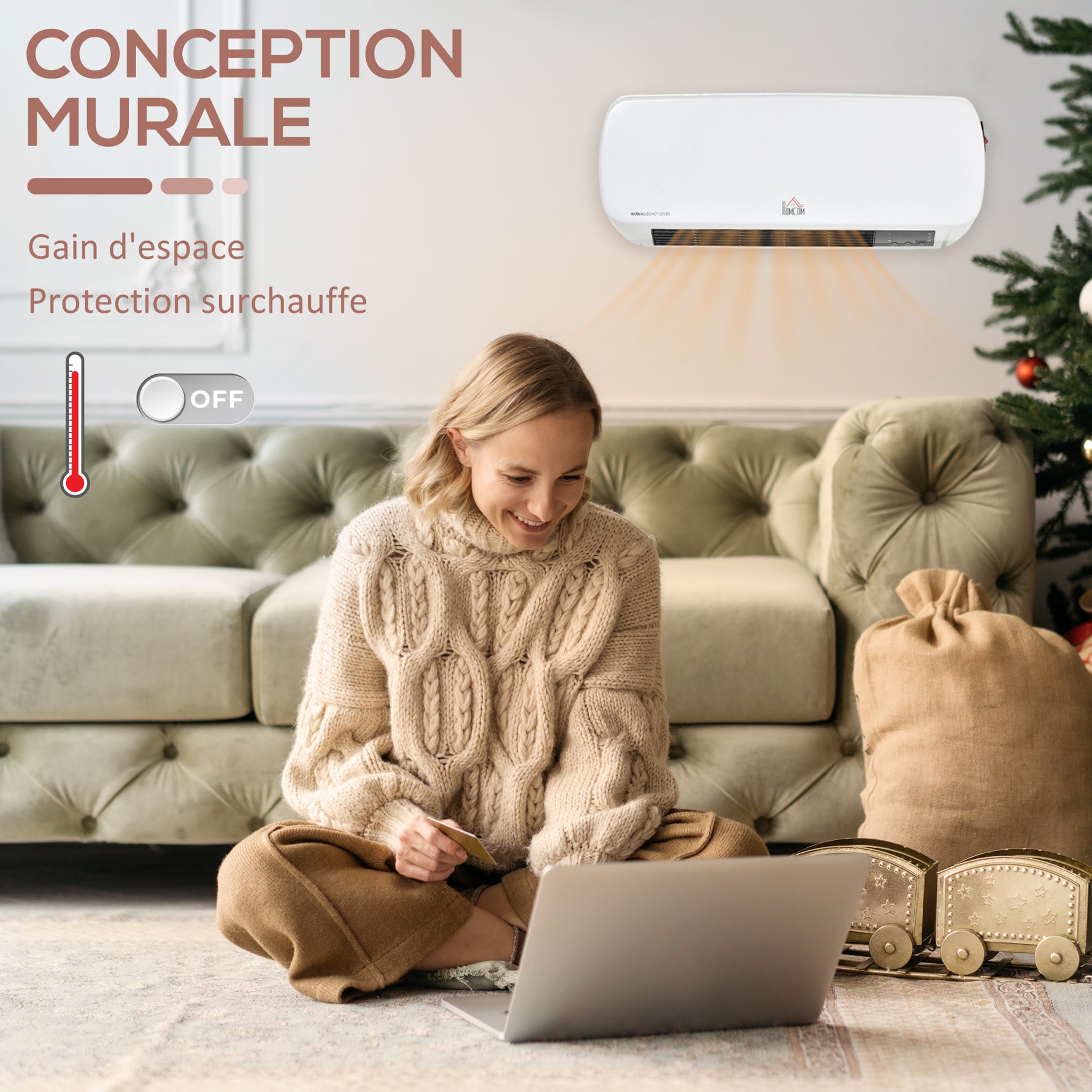 Radiateur mural soufflant 2000 W - chauffage céramique PTC - 3 niveaux de puissance - télécommande incluse blanc noir