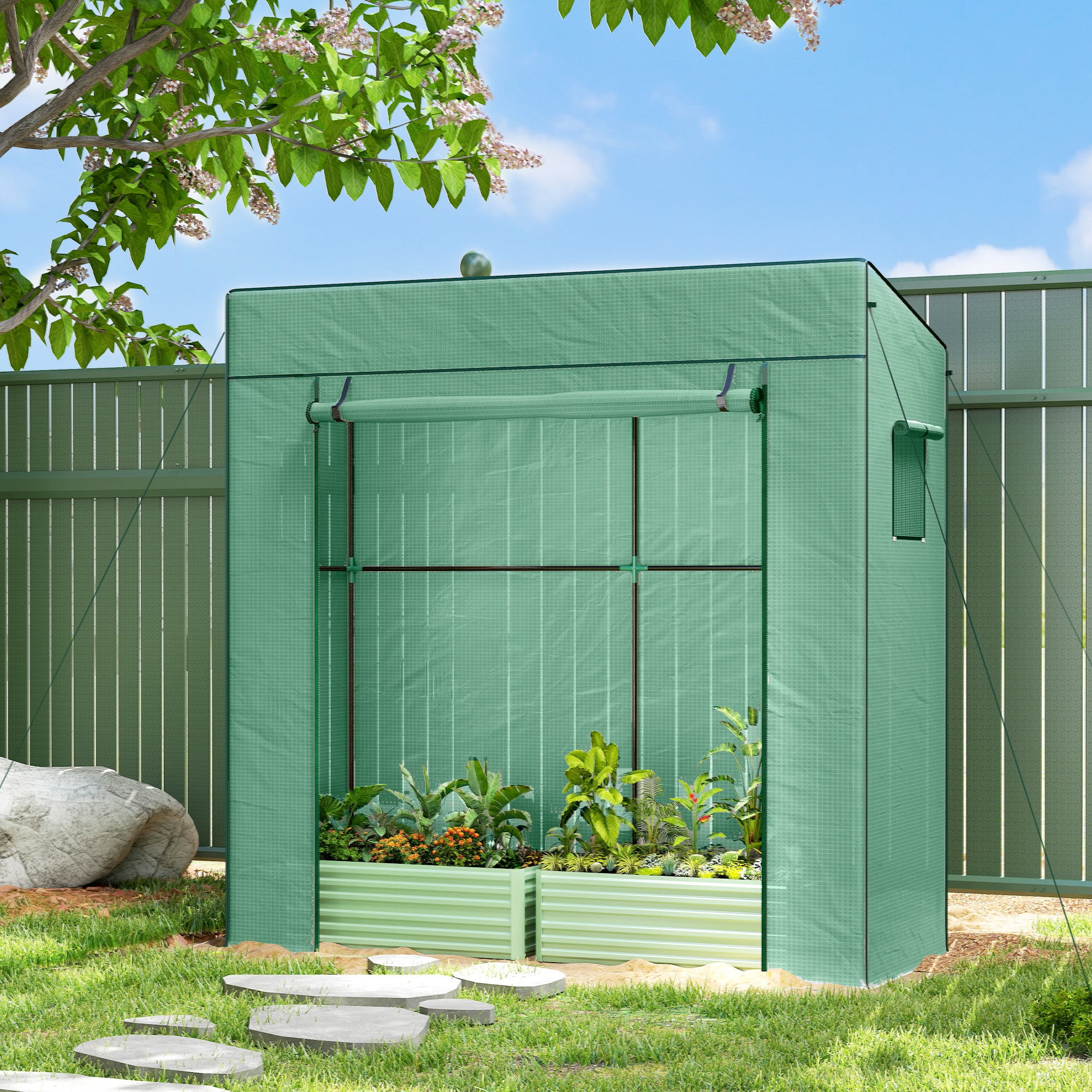 Serra da giardino a parete con 1 porta avvolgibile, telo in PE rinforzato, 2 finestre, dim. 196L x 77l x 197/178A cm