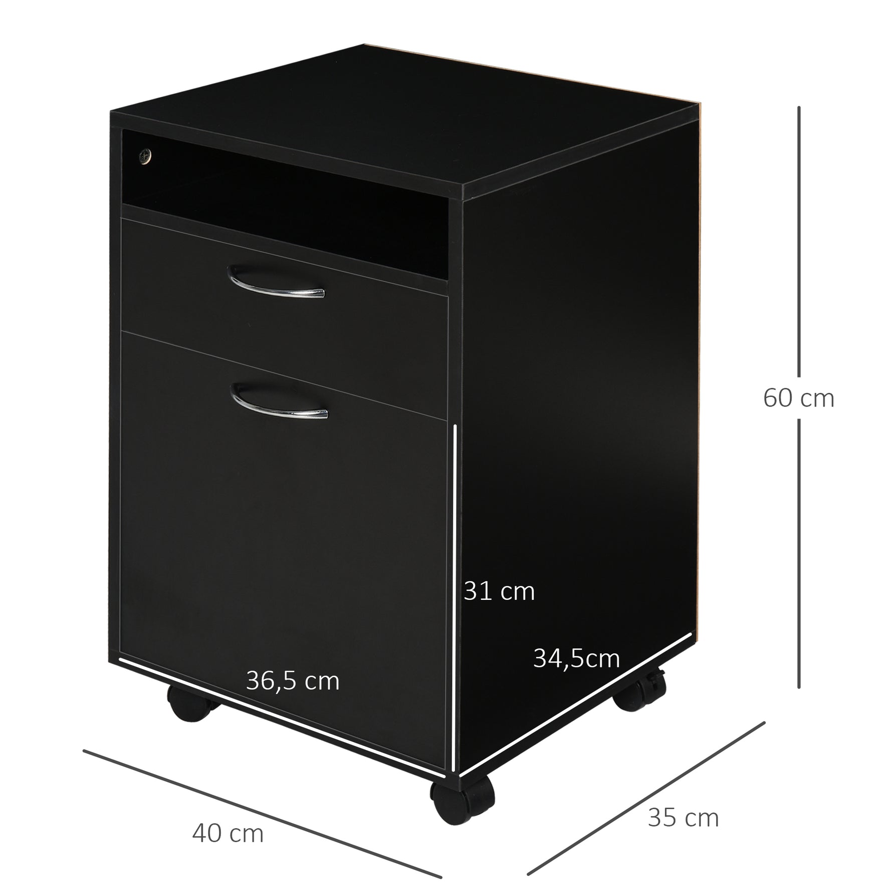 Caisson de bureau rangement bureau sur roulettes tiroir placard niche panneaux particules noir