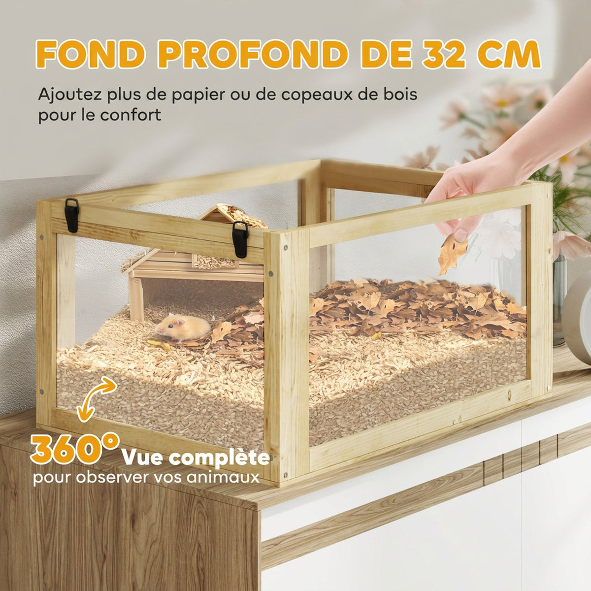 Cage Hamster Rongeur à 3 Niveaux, Fond Amovible, Cabane, Balançoire, 60x40x75cm, Finition Bois Naturel