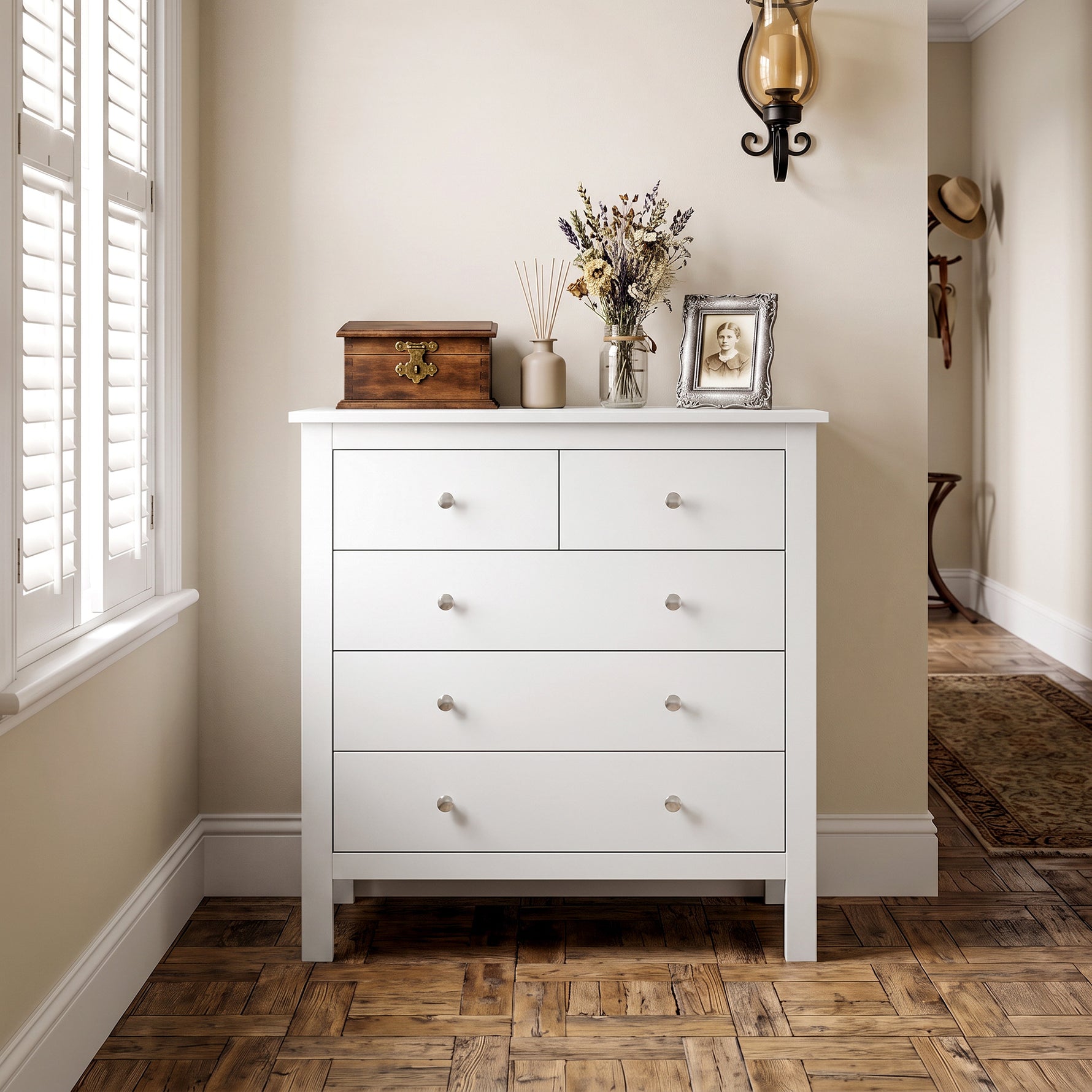 Commode à 5 tiroirs, meuble de rangement, avec poignées, glissières métalliques,  en bois, 79l x 39,5P x 80,5H cm, blanc