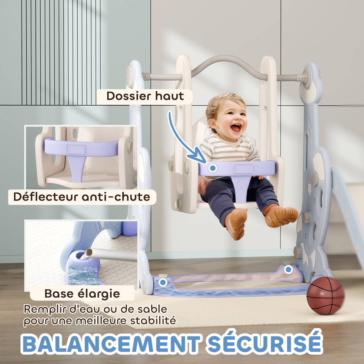 Toboggan et balançoire pour enfants 4 en 1 avec panier de basket et échelle, 147,5 x 160 x 107 cm, bleu clair