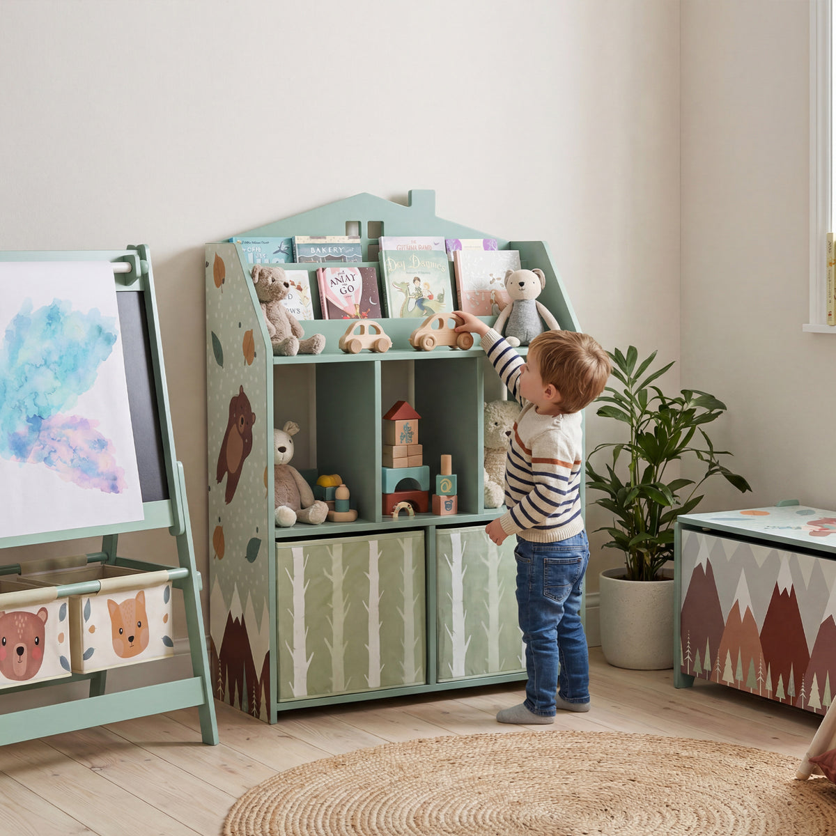 Meuble rangement enfant, bibliothèque enfants avec étagères ouvertes et 2 tiroirs en tissu, MDF, vert