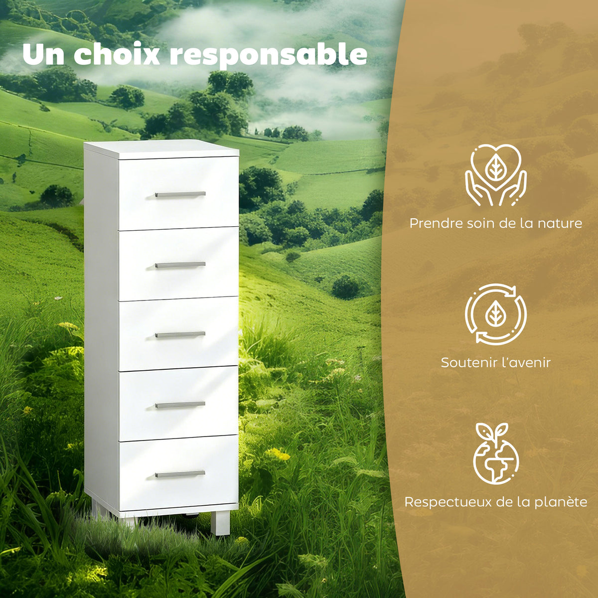 Meuble de Salle de Bain 5 Tiroirs, Meuble de Rangement, 30 x 30 x 95 cm, Commode Salle de Bain, 30 x 30 x 95 cm, Blanc