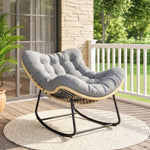 Fauteuil à bascule de jardin pour intérieur et extérieur, rocking chair en résine tressée avec coussin moelleux, gris