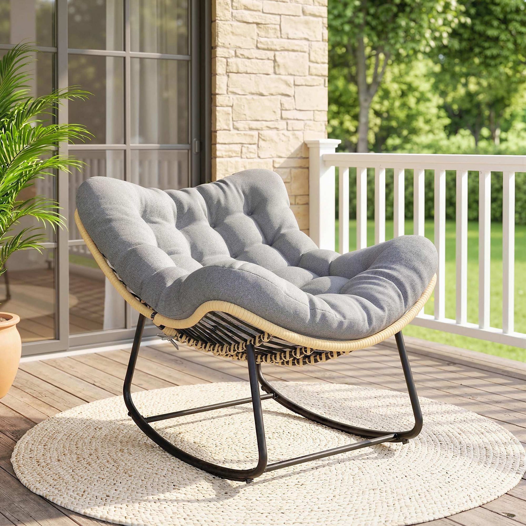 Fauteuil à bascule de jardin pour intérieur et extérieur, rocking chair en résine tressée avec coussin moelleux, gris