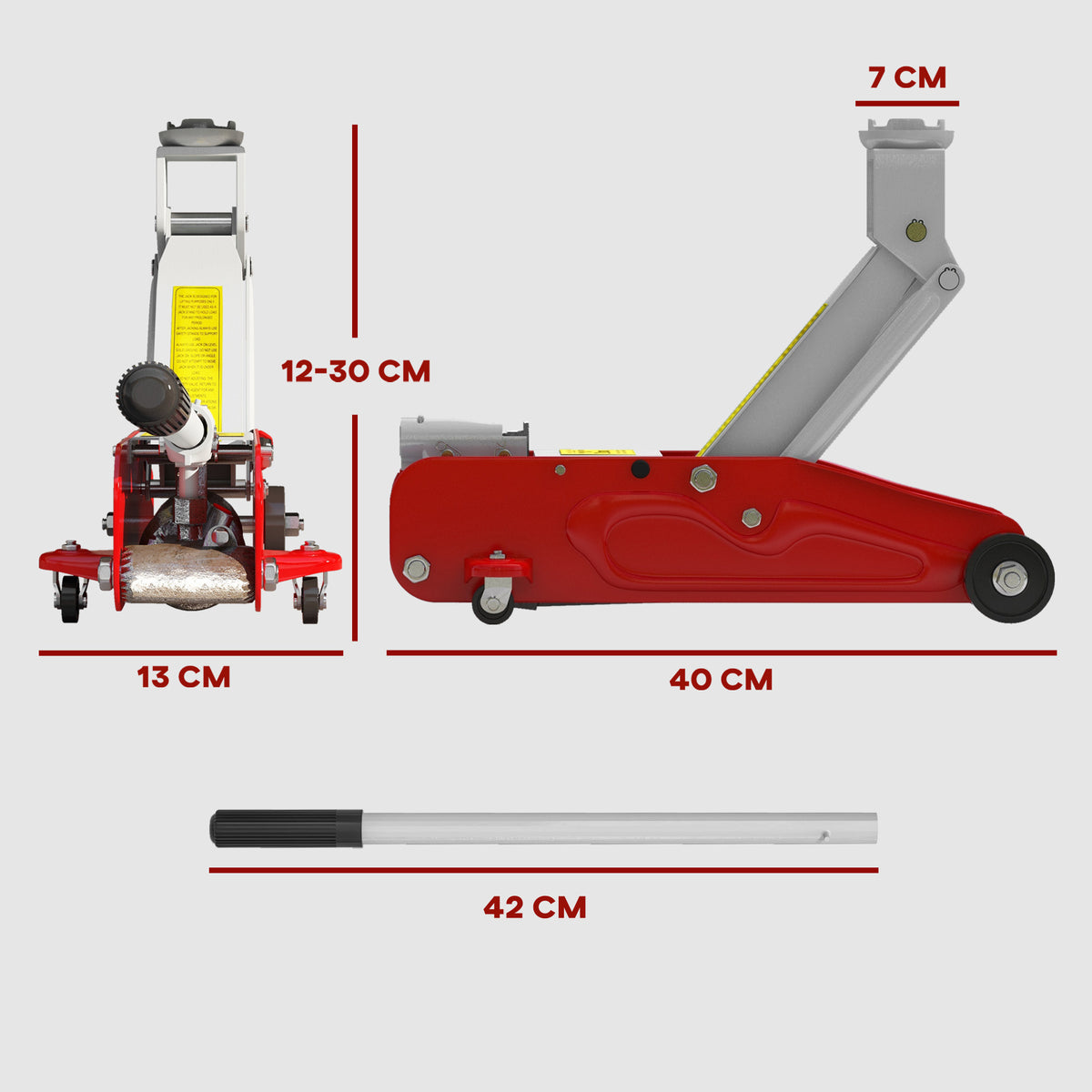 Cric hydraulique à profil bas en acier robuste, Charge maximale de 2000 kg, capacité de levage de 12 à 30 cm, rouge