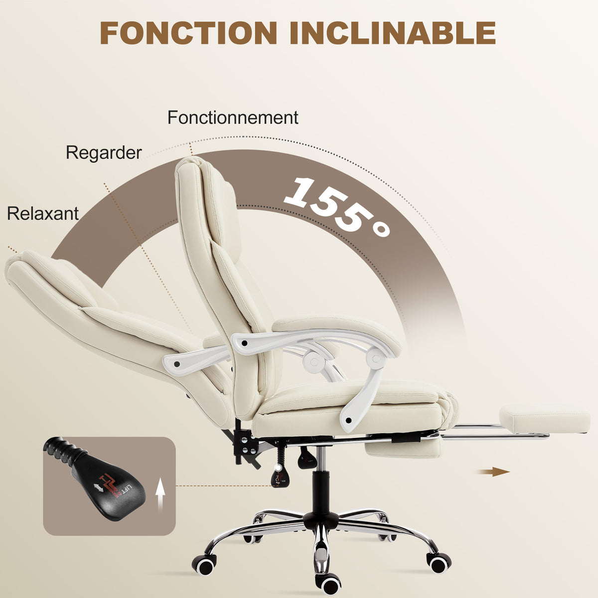 Chaise bureau ergonomique, fauteuil de bureau avec dossier inclinable, hauteur réglable, 64x73x112-120cm, beige