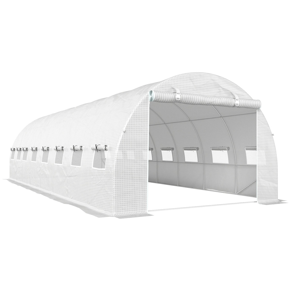 Serre de jardin tunnel 24m² 8L x 3l x 2H m - 16 fenêtres, Porte zippée enroulable acier galvanisé, bâche PE, Blanc