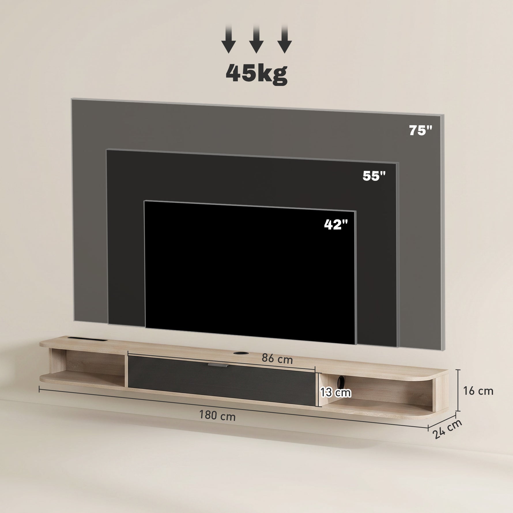 Meuble TV suspendu, meuble télé pour téléviseur jusqu'à 75 pouces, tiroir rabattable 2 étagères 180x24x16cm bois naturel