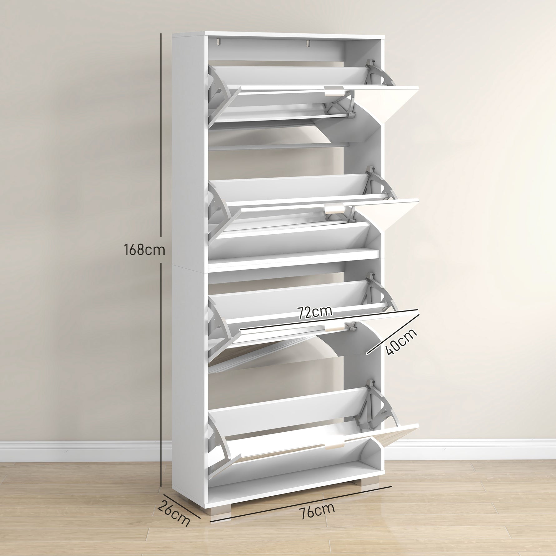 Meuble à chaussures 2 en 1 façades miroir 4 portes abattants, étagères réglables, jusqu'à 24 paires, 76l x 26P x 168H cm