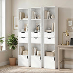 Bibliothèque étagère de rangement avec porte, 2 tiroirs, compartiments ouverts et étagère réglable, 30x24x158cm, blanc