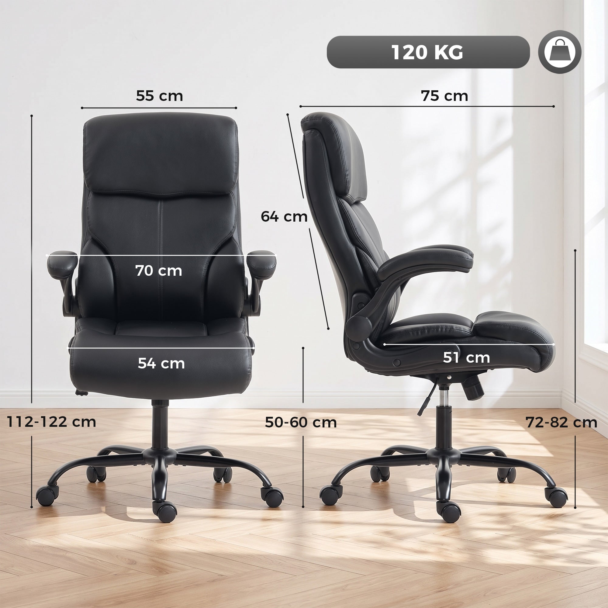 Sedia da ufficio ergonomica con braccioli sollevabili, poltrona da ufficio in PU, altezza regolabile, funzione basculante, nero