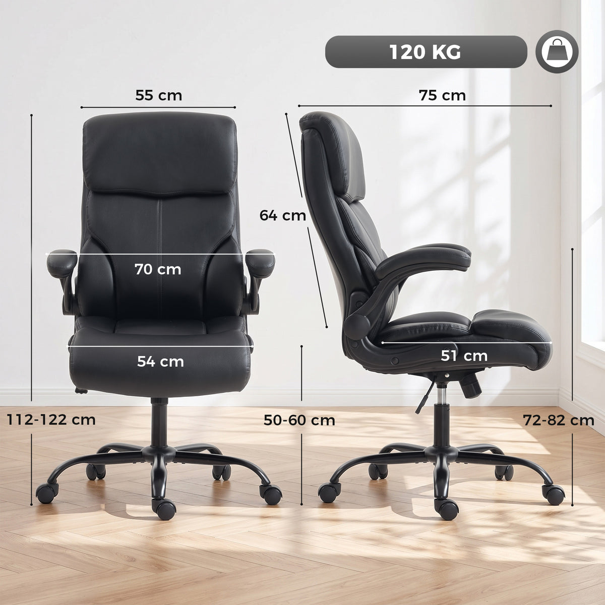 Sedia da ufficio ergonomica con braccioli sollevabili, poltrona da ufficio in PU, altezza regolabile, funzione basculante, nero
