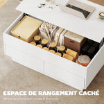 Table basse relevable, table de salon avec compartiment caché et 2 tiroirs, 100 x 50 x 44 cm, blanc