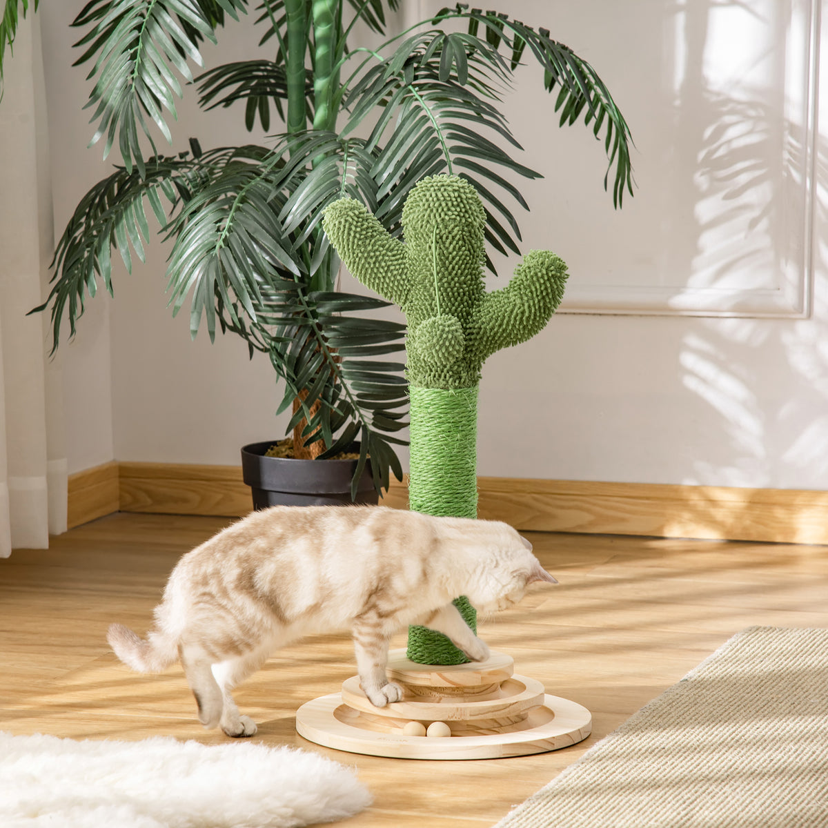 Arbre à chat griffoir forme de cactus en sisal naturel pompon suspendu et plateforme de jeu boules Ø 32 x 60 cm vert-1