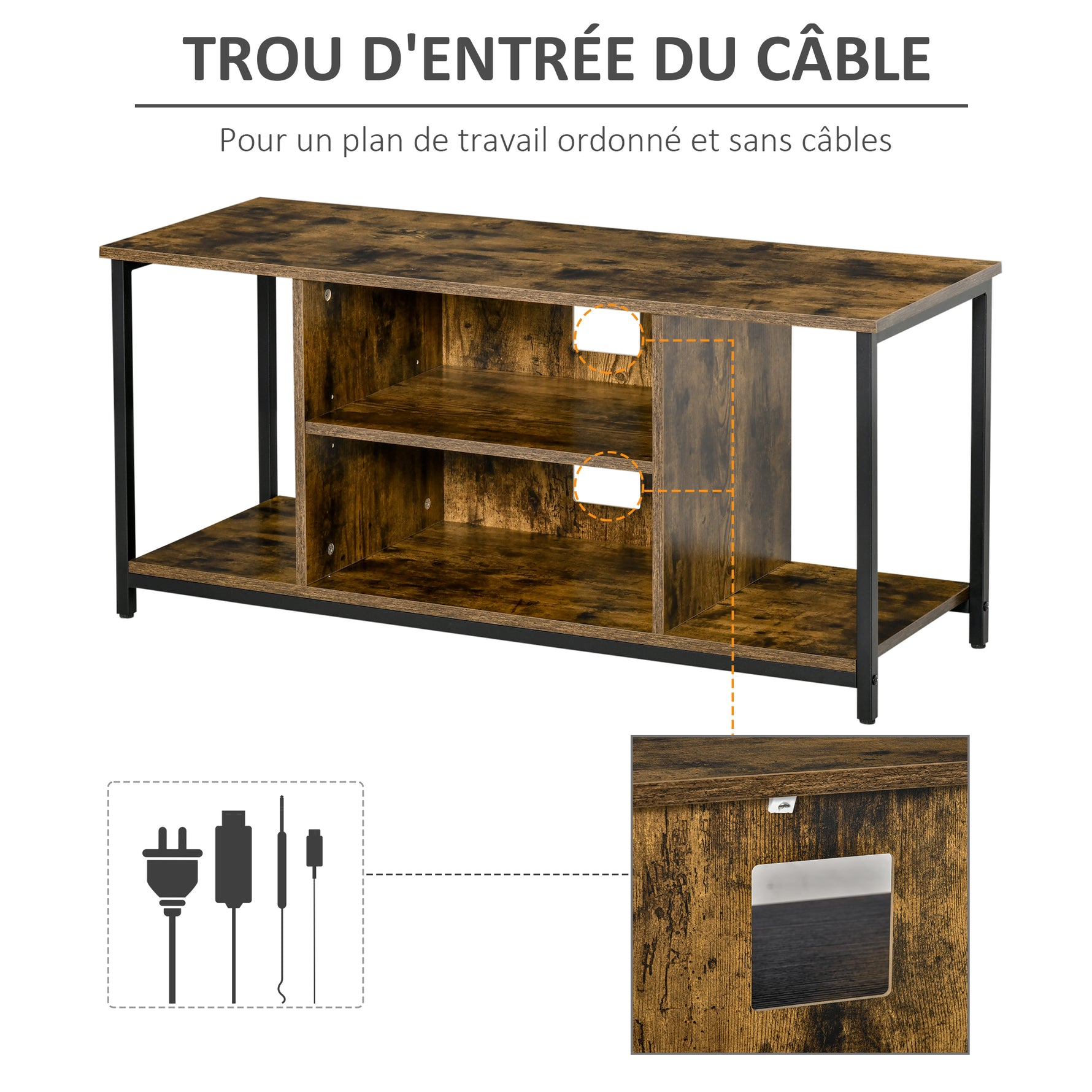 Meuble TV, meuble télé avec compartiments ouverts, étagère réglable, 110x40x50cm, brun rustique