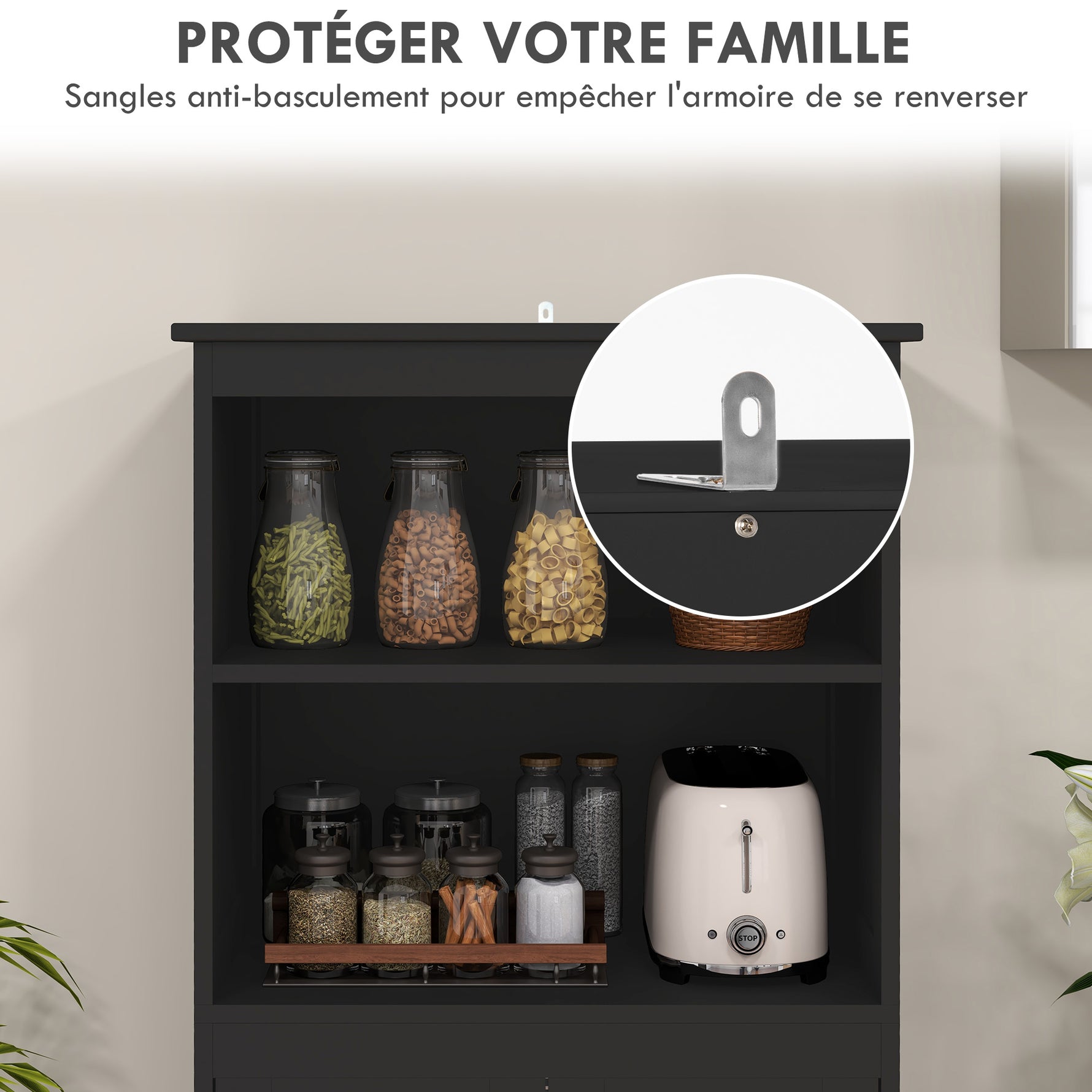 Armoire de cuisine buffet cuisine vaisselier meuble de rangement multi-rangements dim. 60I x 30P x 162H cm noir