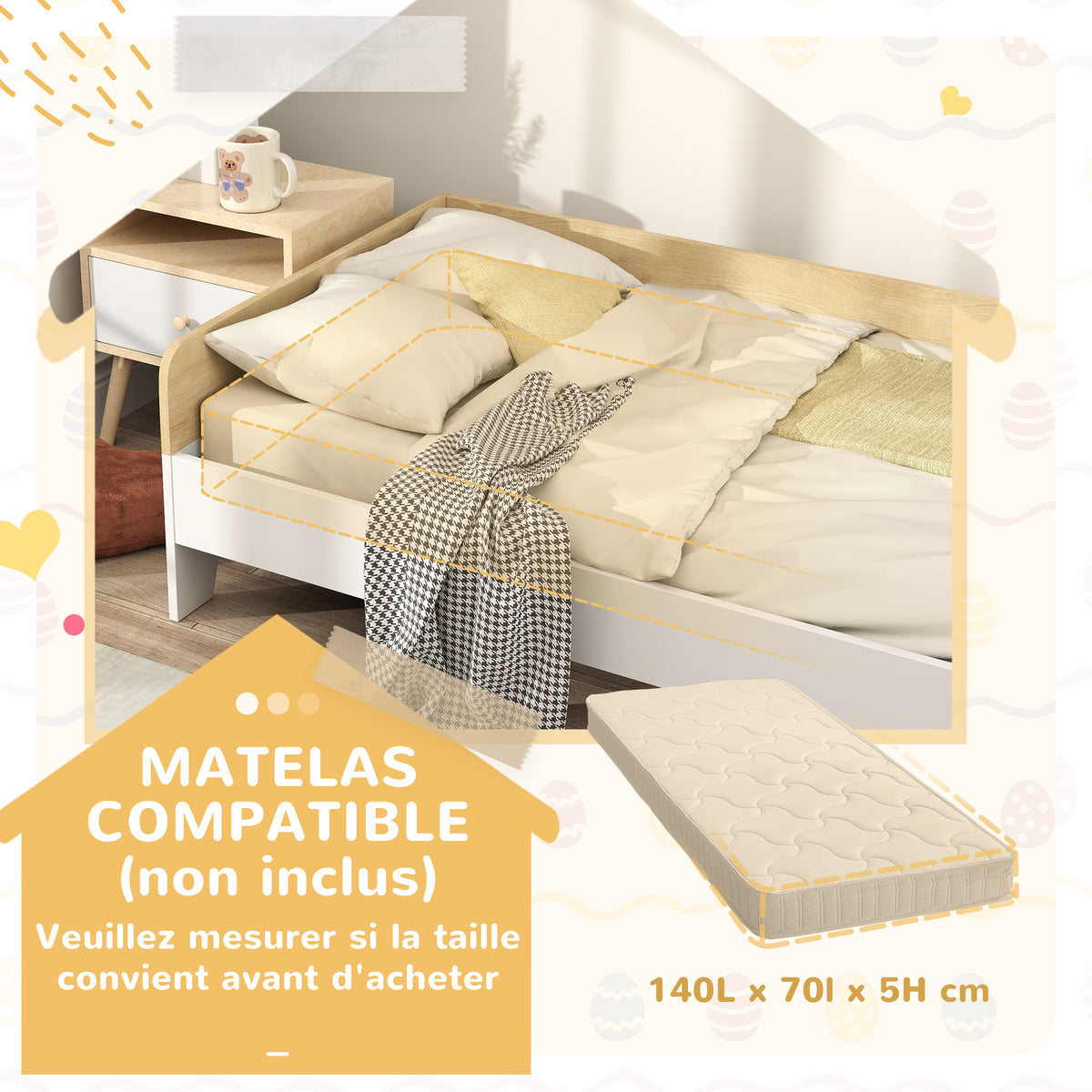 Lit enfant lit avec sommier à lattes avec panneaux latéraux élevés conception basse en bois 143,5 x 74 x 40 cm blanc