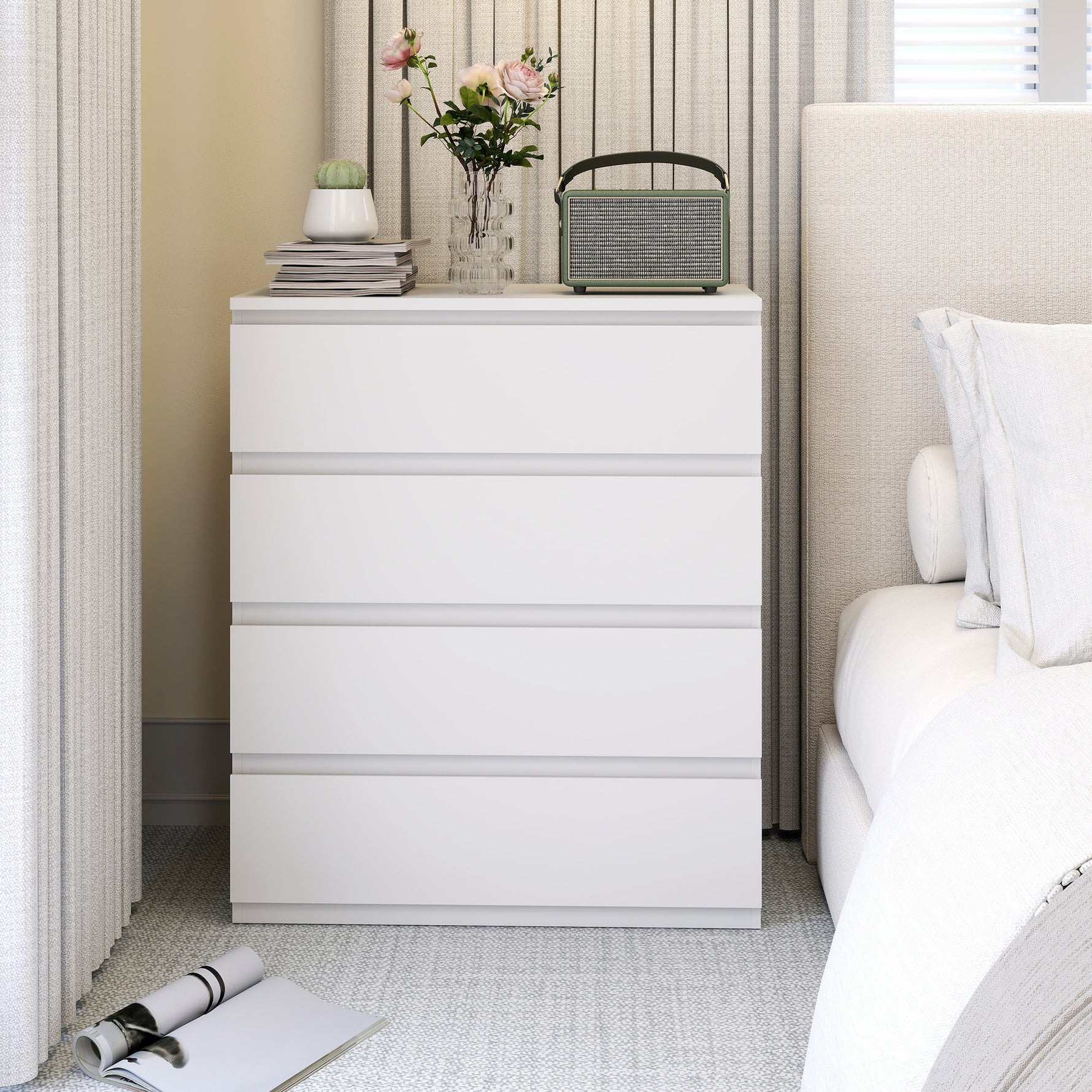 Commode 4 tiroirs, meuble de rangement épuré pour chambre, intérieur, 80 x 39 x 95 cm panneau de particules blanc