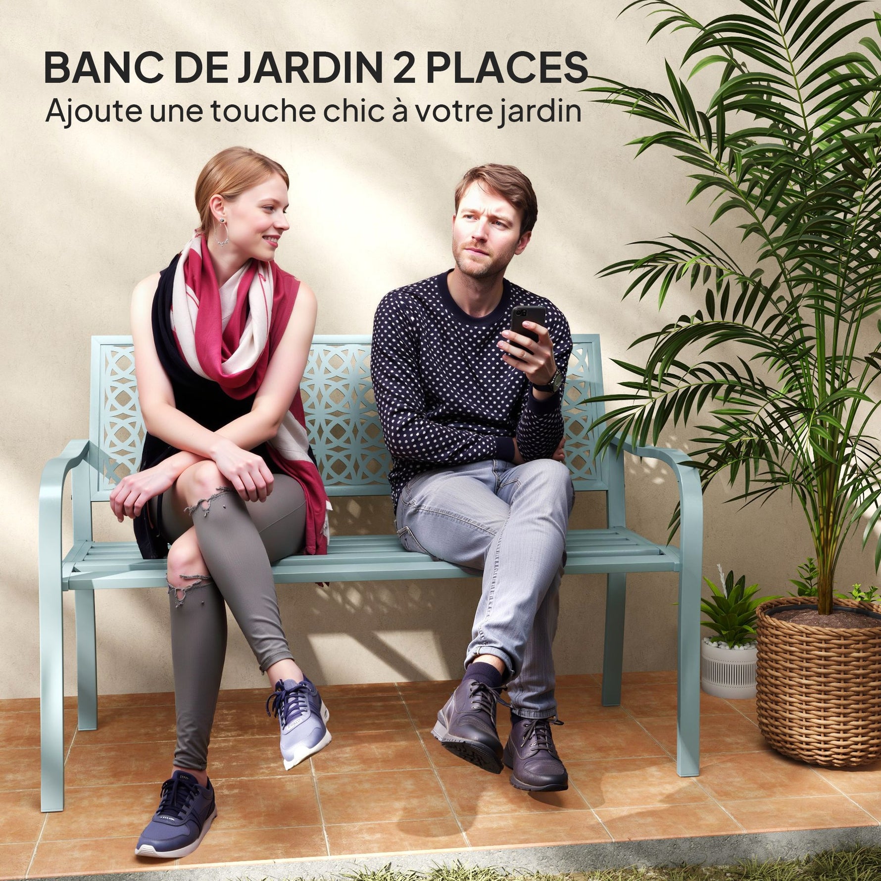 Banc de jardin 2 places, banc extérieur jardin en acier avec dossier ajouré, 127 x 63 x 85 cm, bleu