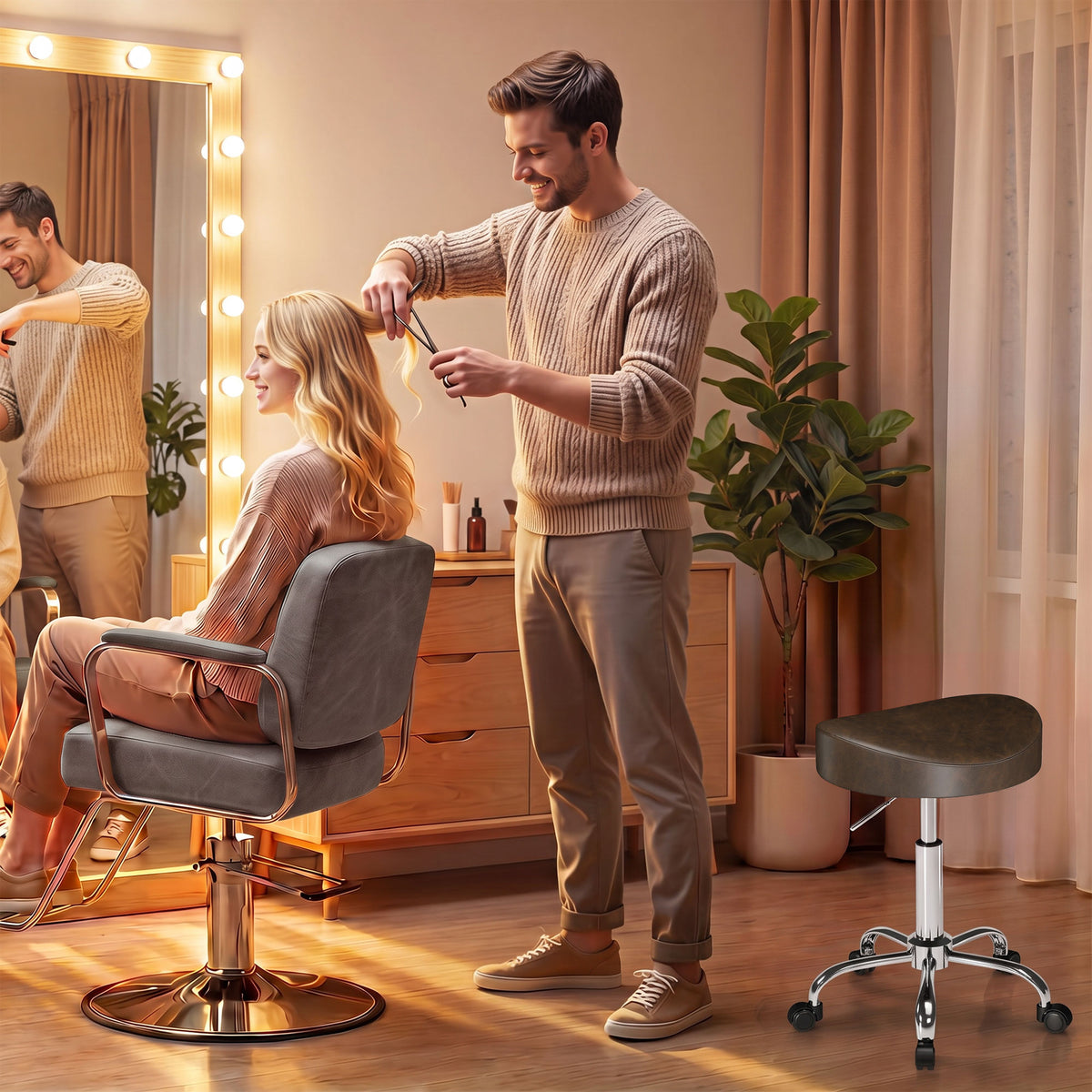 Tabouret à roulettes, tabouret de salon avec hauteur réglable 51-66 cm et assise rembourrée, pivotant 360°, marron