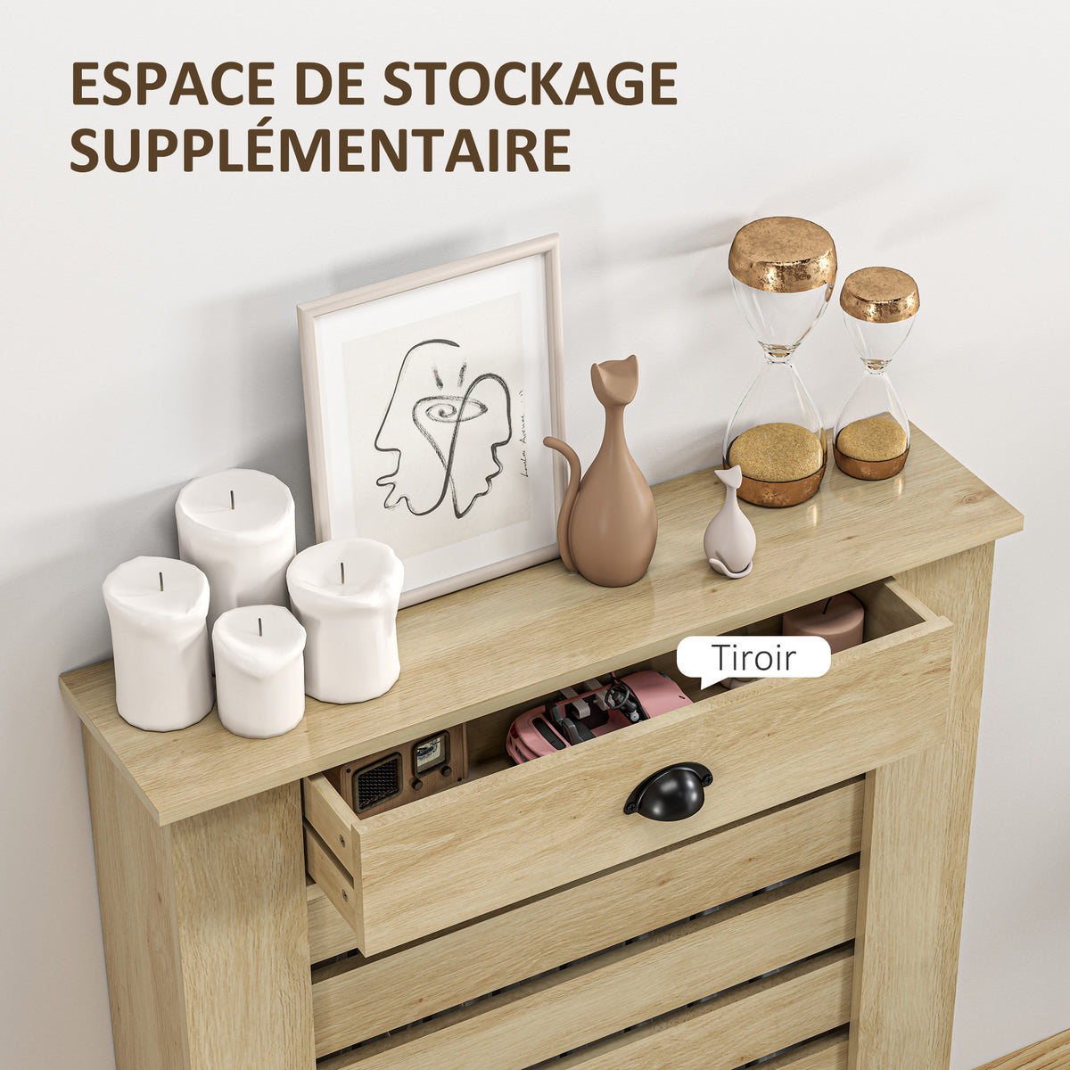 Couvercle de radiateur cache radiateur grille à lattes horizontales avec 2 tiroirs en bois 78l x 19P x 95,5H cm chêne
