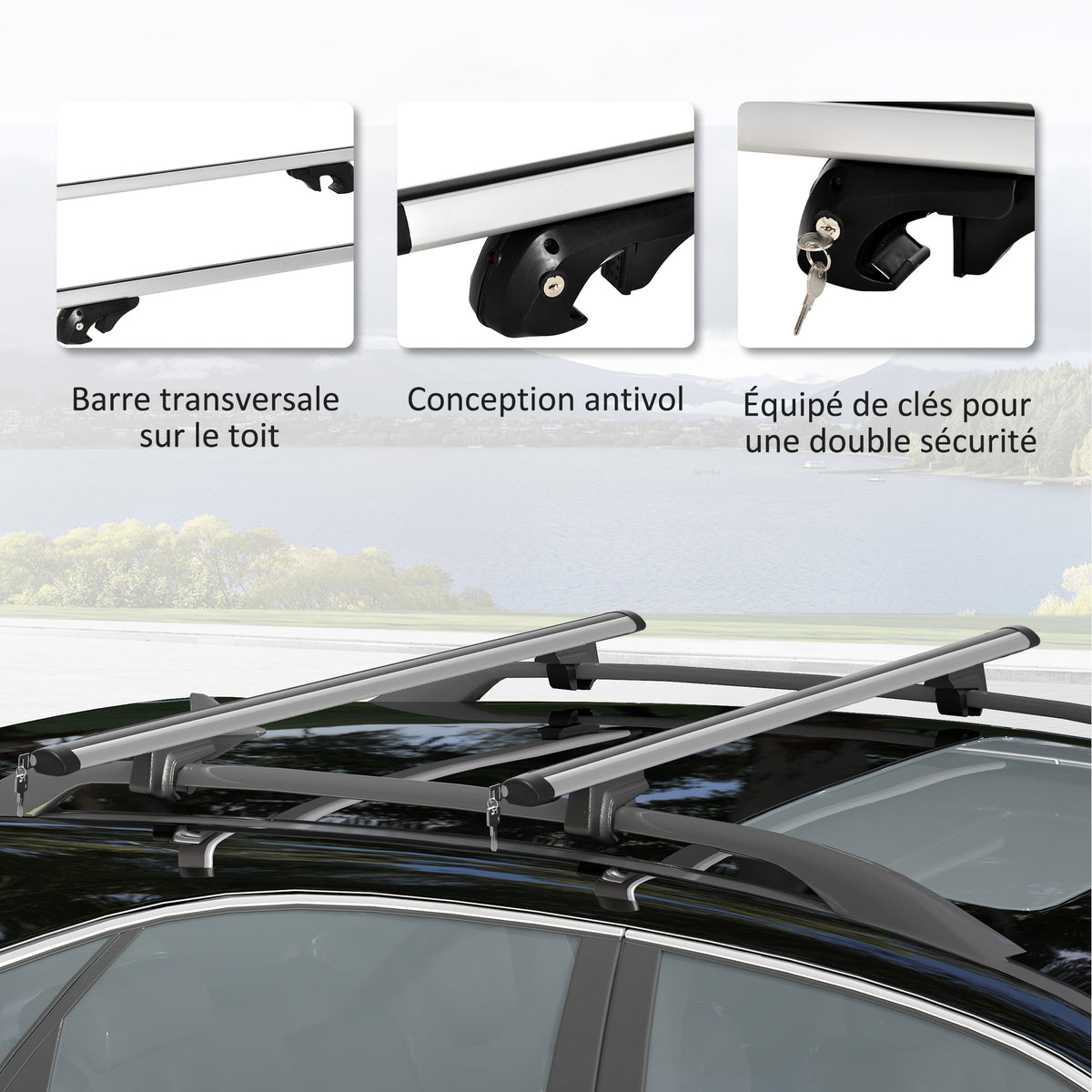 Barres de Toit de Voiture Transversales, Verrouillables avec 2 Clés, Alliage d'Aluminium, Charge 75 kg, Argenté