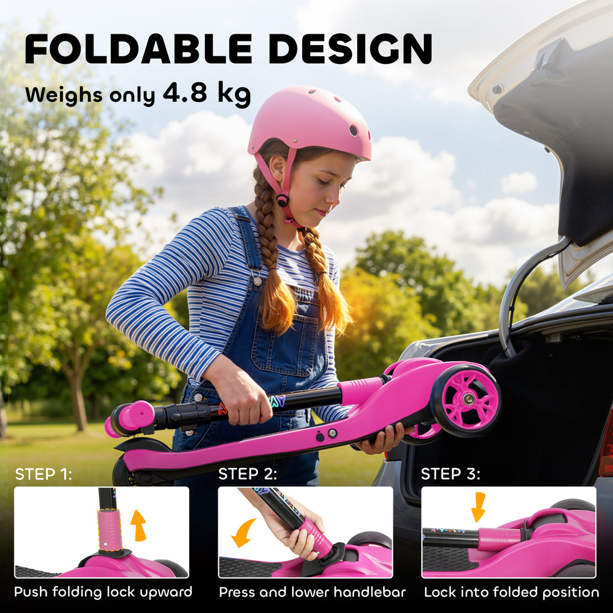 Trottinette électrique pour enfants 6+ ans, pliable 3 roues démarrage zéro, vitesse maximale 8 km/h 64 x 29 x 83 cm rose