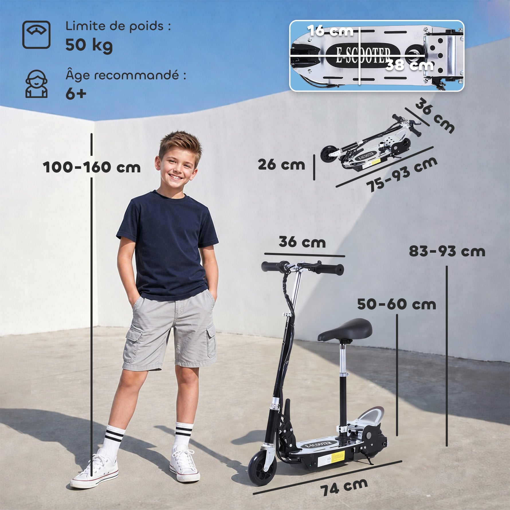 Trottinette électrique 120 W pliable pour enfant de 6+ ans hauteur guidon et selle réglable 10 Km/h max. noir