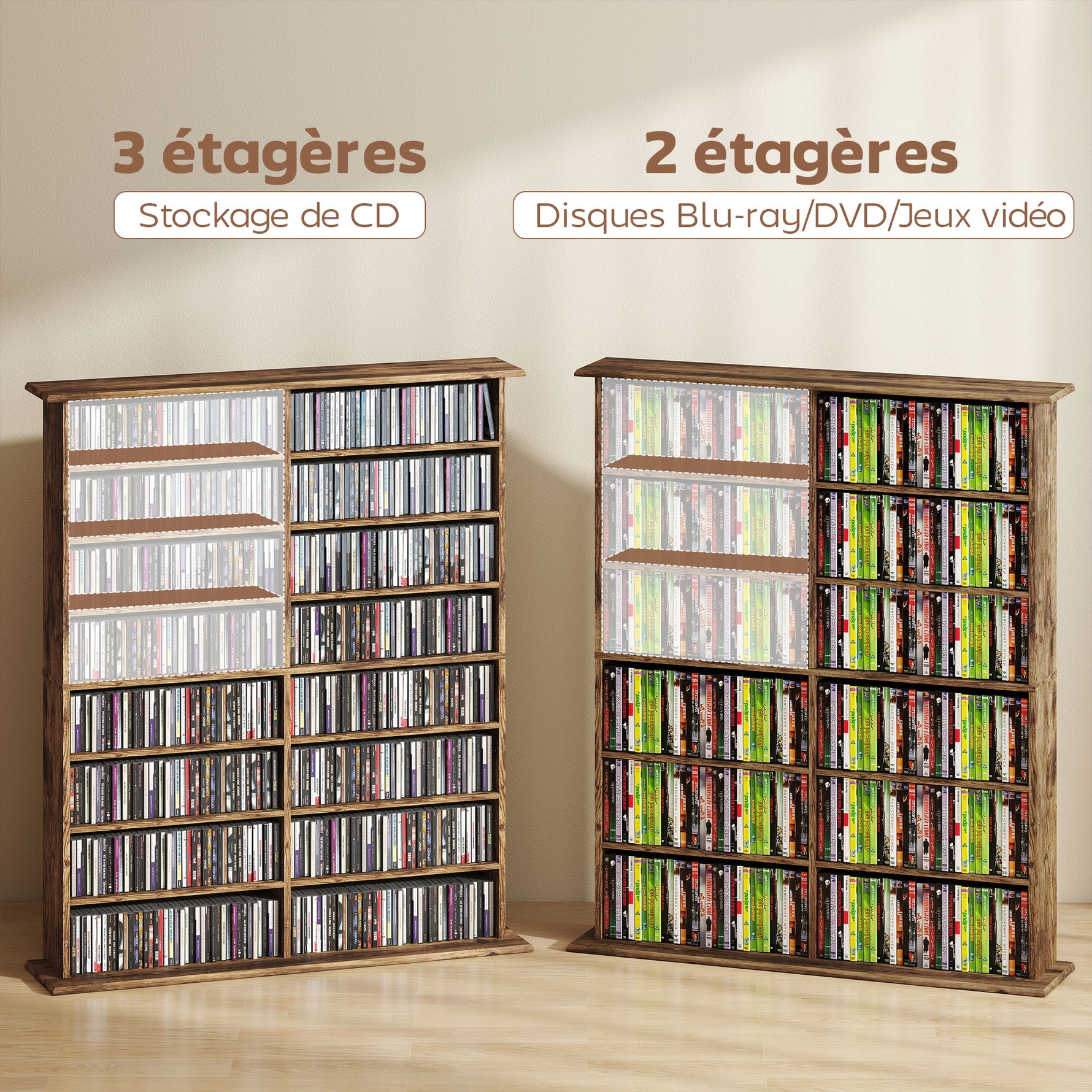 Rangements pour CD et DVD avec 16 compartiments et 12 étagères réglables capacité max. 720 CD/396 DVD et Blu-ray marron