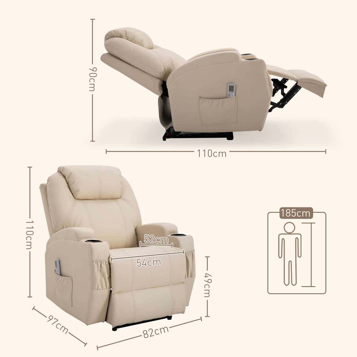 Sillón de lujo de relax y masaje, reclinable, con reposapiés eléctrico y tapizado sintético color crema
