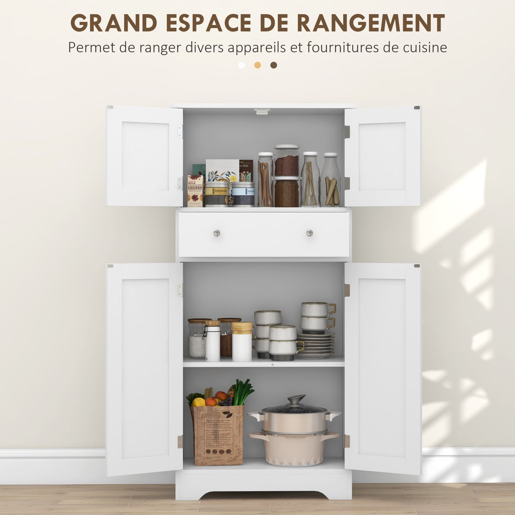 Armoire de cuisine buffet cuisine avec placards, étagères réglables, tiroir, 60 x 30 x 128 cm, blanc