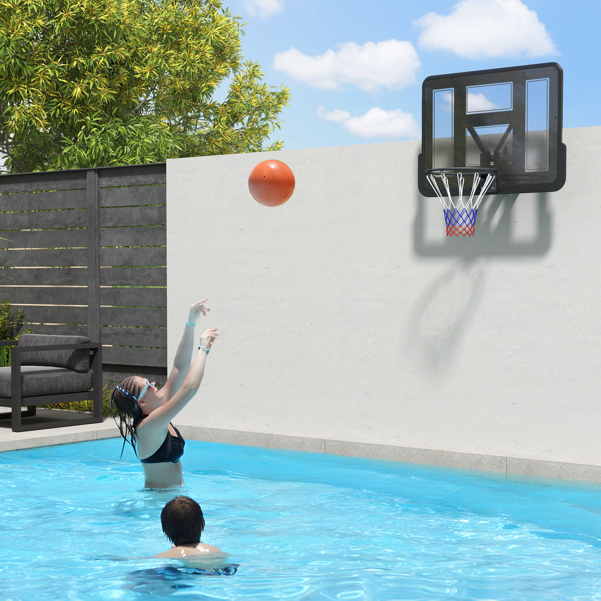 Panier de basket mural panier basket avec panneau incassable cerceau en acier et filet indéchirable 110L x 75H cm noir