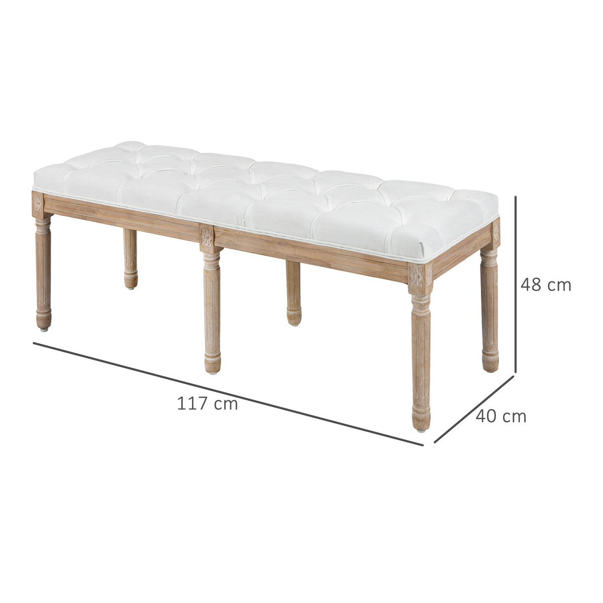Banc bout de lit banquette capitonnée style vintage français revêtement tissu aspect lin pieds en bois massif crème