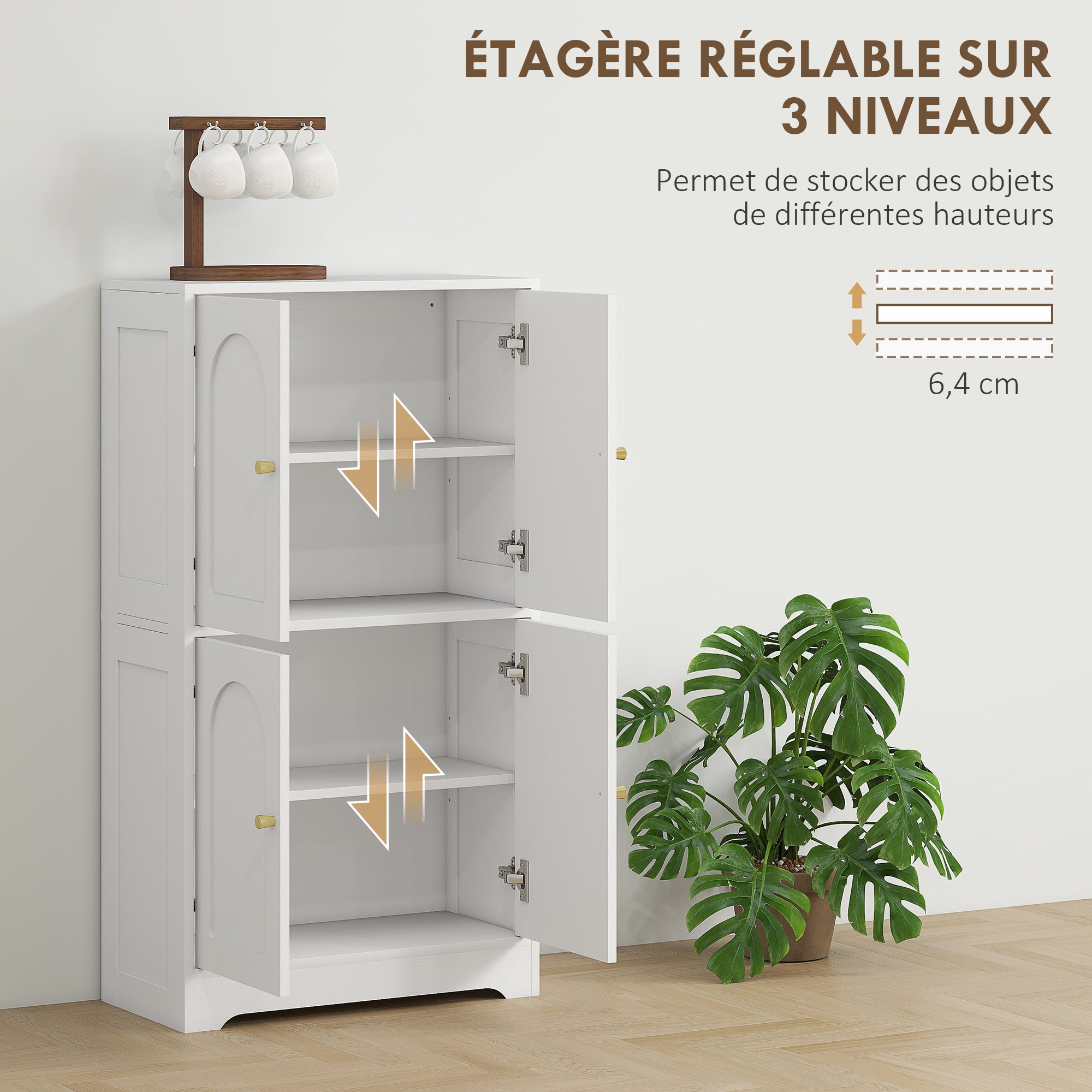 Buffet cuisine, meuble cuisine rangement avec 4 portes cintrées et 2 étagères réglables, 60 x 30 x 110 cm, blanc