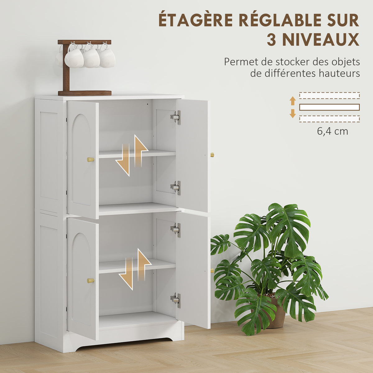Buffet cuisine, meuble cuisine rangement avec 4 portes cintrées et 2 étagères réglables, 60 x 30 x 110 cm, blanc