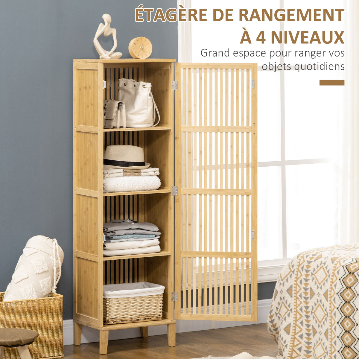 Meuble de rangement en bambou avec étagères et porte design à lamelles pour salle de bain chambre salon 40 x 30 x 140 cm