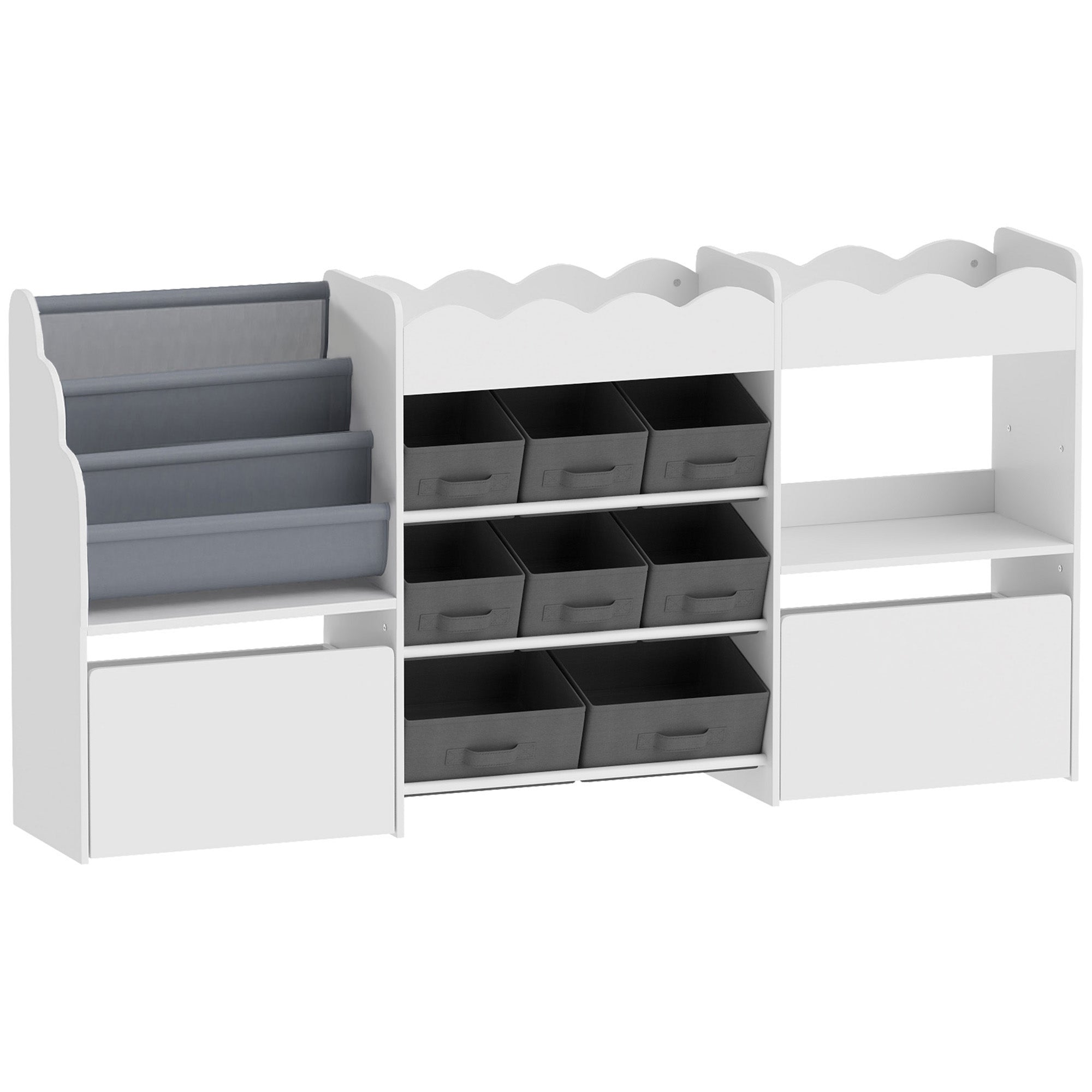 Meuble de rangement jouets enfant avec bibliothèque, 8 bacs en tissu, 2 tiroirs à roulettes et étagères ouvertes, blanc