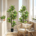 Lot de 2 plantes artificielles intérieures 150 cm, fausse plante à figuier lyre avec pot en ciment, vert