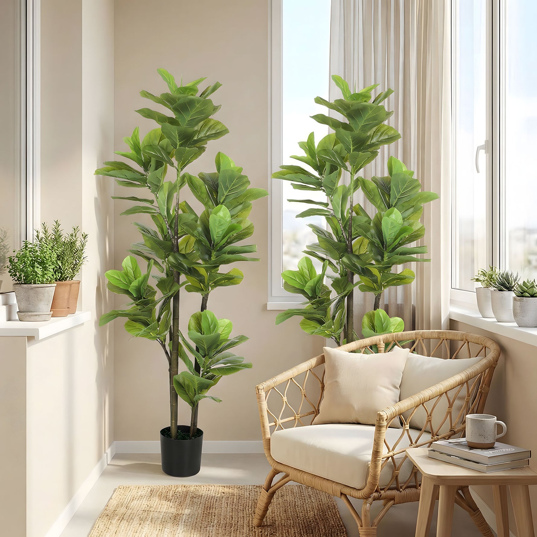 Lot de 2 plantes artificielles intérieures 150 cm, fausse plante à figuier lyre avec pot en ciment, vert