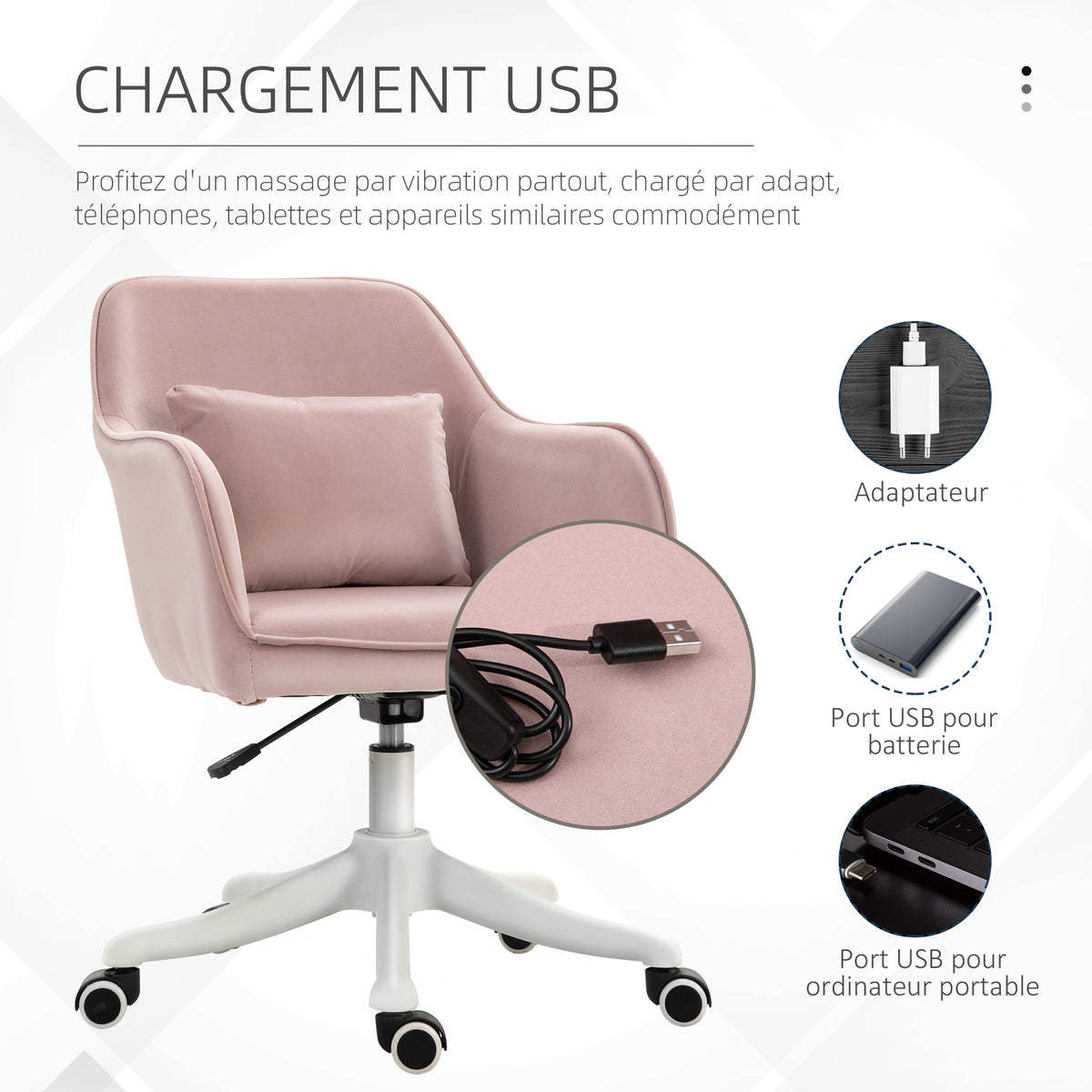 Chaise de bureau velours fauteuil bureau massant coussin lombaire intégré hauteur réglable rose poudré