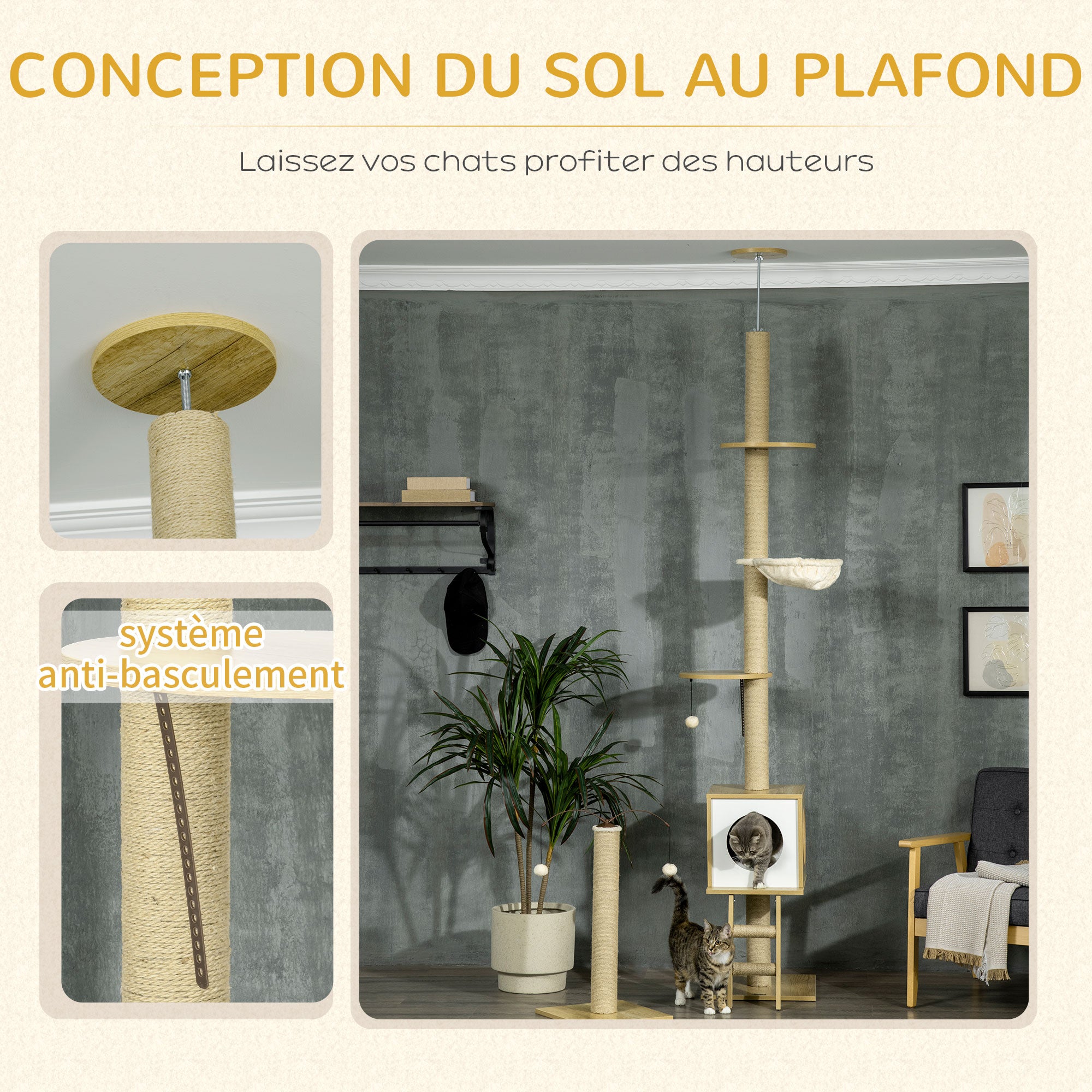 Arbre à chat sol au plafond hauteur réglable 225-285 cm avec poteau à gratter 4 niveaux niche hamac échelle jeux beige