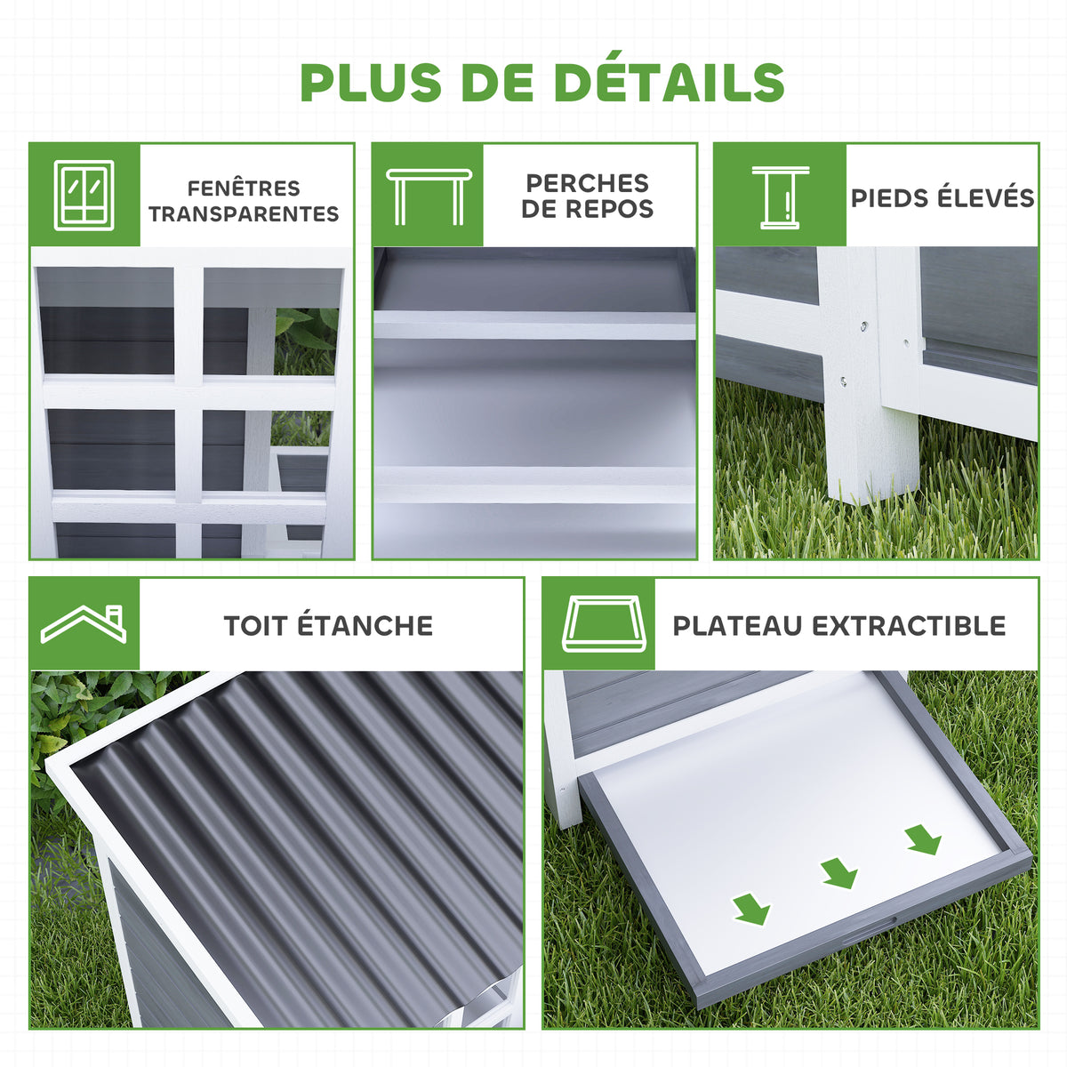 Poulailler en bois XL avec nichoir 3 compartiments tiroir amovible toit imperméable porte-rampe 100x86x100cm gris