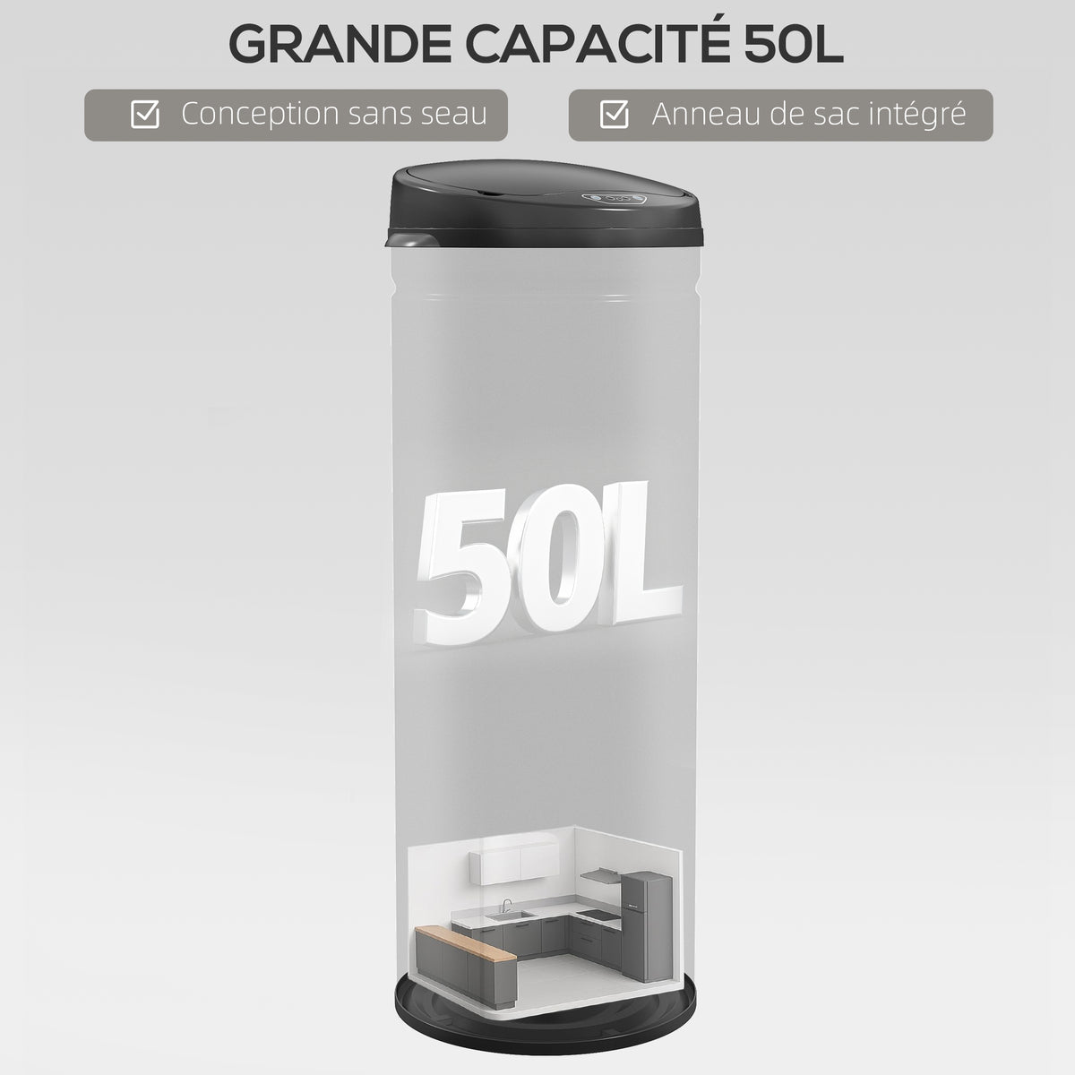 Poubelle cuisine automatique 50L acier inoxydable, poubelle à couvercle à fermeture en douceur, 30,5x30,5x85cm, noir